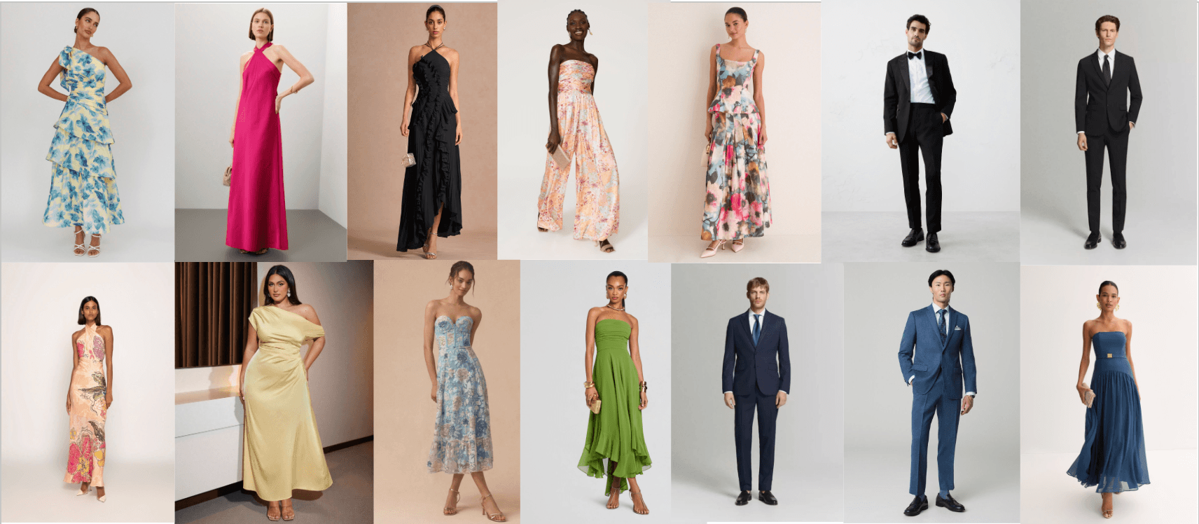 Wedding guest moodboard featuring colorful formal dresses and dark or blue suits
