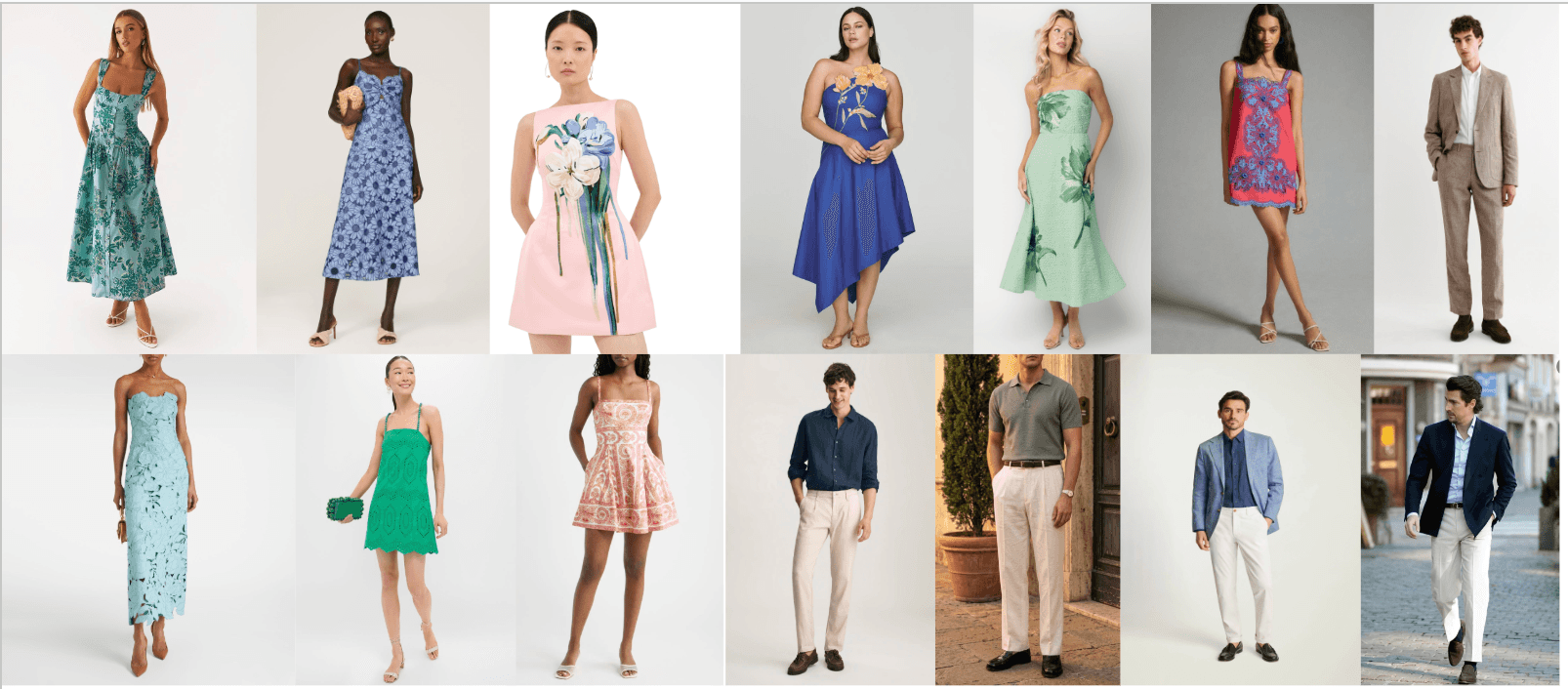 Welcome party moodboard featuring colorful summer dresses, light trousers, linen shirts, and relaxed jackets